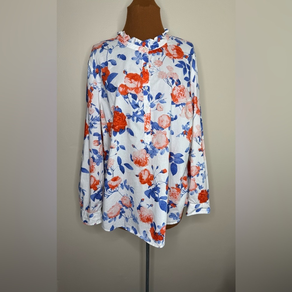 Talbots White Floral Button-Up Blouse with Red and Blue Flowers
